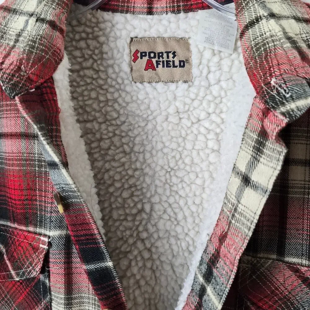 Vintage 80s Red Plaid Sherpa Lined Quilted Shacket Jacket Men's Outdoor Chore L